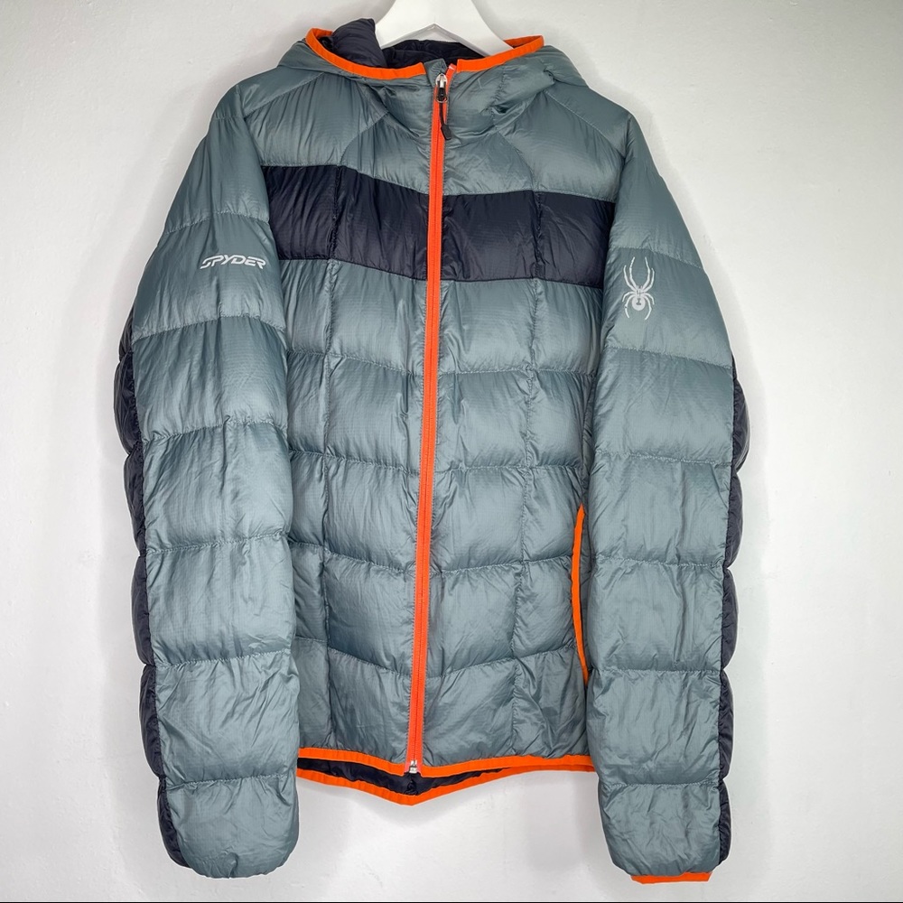 Spyder Gray Orange Down Jacket Hoodie Zip Up Pockets Men's Size Large